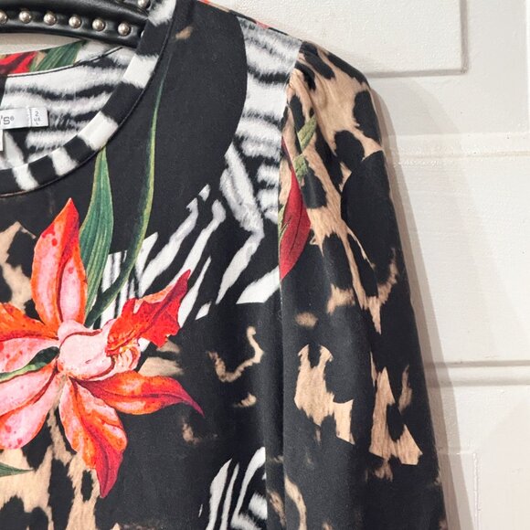 Chico's Sz 2 (L) Women's Knit Top Blouse Long Sleeve Multicolor Floral/Animal - Picture 2 of 9